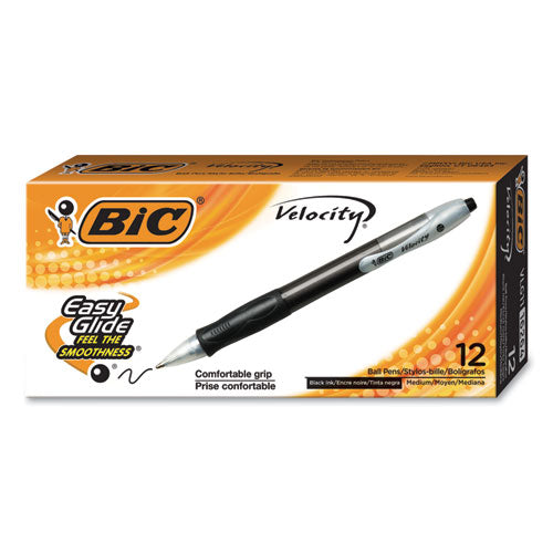 BIC® wholesale. BIC Velocity Retractable Ballpoint Pen, 1mm, Black Ink, Trans Black Barrel, Dozen. HSD Wholesale: Janitorial Supplies, Breakroom Supplies, Office Supplies.