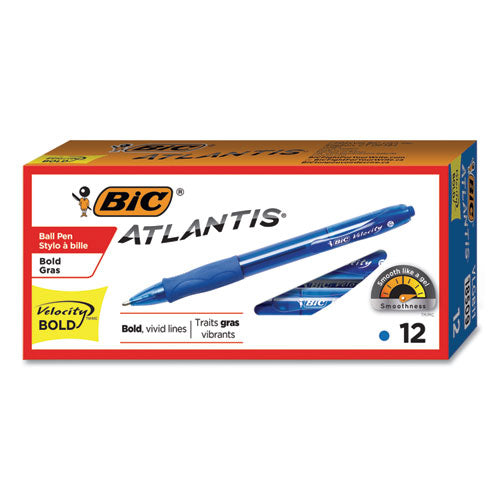 BIC® wholesale. BIC Velocity Atlantis Bold Retractable Ballpoint Pen, 1.6mm, Blue Ink, Trans-blue Barrel, Dozen. HSD Wholesale: Janitorial Supplies, Breakroom Supplies, Office Supplies.