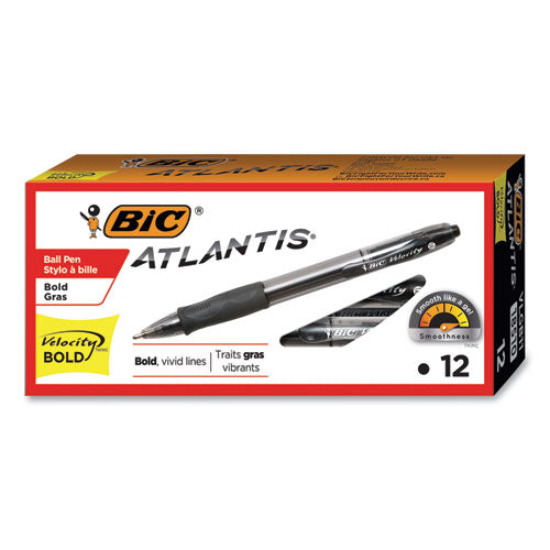 BIC® wholesale. BIC Velocity Atlantis Bold Retractable Ballpoint Pen, 1.6mm, Black Ink, Smoke Barrel, Dozen. HSD Wholesale: Janitorial Supplies, Breakroom Supplies, Office Supplies.