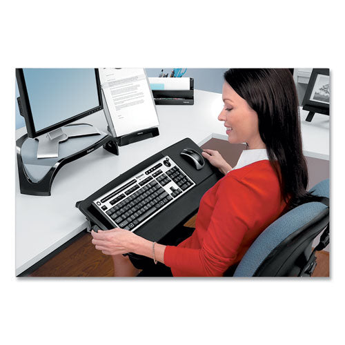 Fellowes® wholesale. Tilt 'n Slide Keyboard Manager, 19.5w X 11.88d, Black. HSD Wholesale: Janitorial Supplies, Breakroom Supplies, Office Supplies.