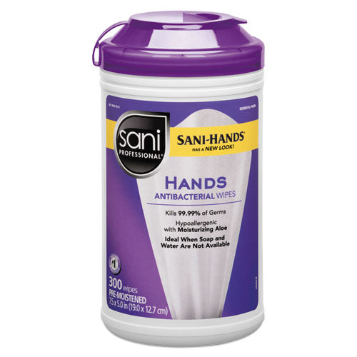 Sani Professional® wholesale. Sani Antibacterial Wipes, 7.5 X 5, White, 300 Wipes-canister. HSD Wholesale: Janitorial Supplies, Breakroom Supplies, Office Supplies.