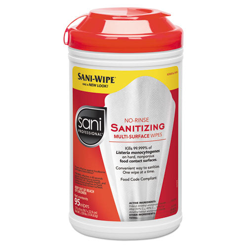 Sani Professional® wholesale. Sani No-rinse Sanitizing Multi-surface Wipes, White, 95-container, 6-carton. HSD Wholesale: Janitorial Supplies, Breakroom Supplies, Office Supplies.