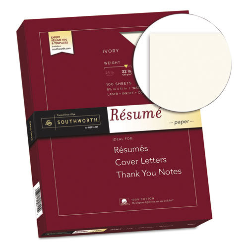 Southworth® wholesale. 100% Cotton Resume Paper, 32 Lb, 8.5 X 11, Ivory, 100-pack. HSD Wholesale: Janitorial Supplies, Breakroom Supplies, Office Supplies.
