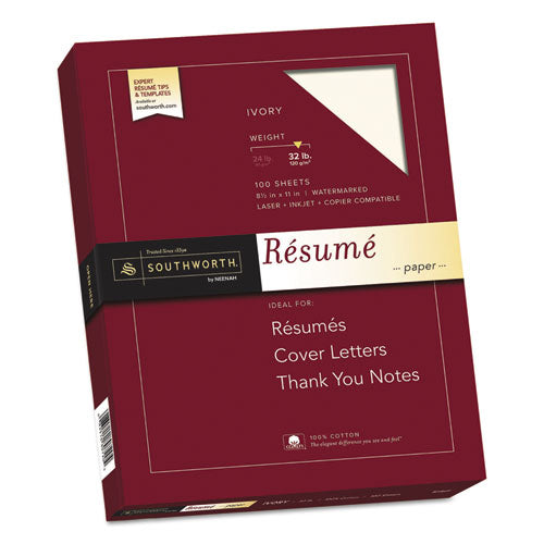 Southworth® wholesale. 100% Cotton Resume Paper, 32 Lb, 8.5 X 11, Ivory, 100-pack. HSD Wholesale: Janitorial Supplies, Breakroom Supplies, Office Supplies.