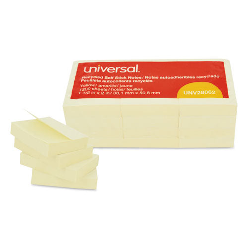 Universal® wholesale. UNIVERSAL® Recycled Self-stick Note Pads, 1 1-2 X 2, Yellow, 100-sheet, 12-pack. HSD Wholesale: Janitorial Supplies, Breakroom Supplies, Office Supplies.