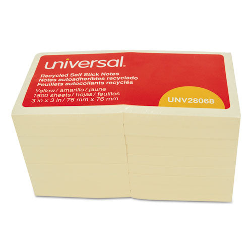 Universal® wholesale. UNIVERSAL® Recycled Self-stick Note Pads, 3 X 3, Yellow; 100-sheet, 18-pack. HSD Wholesale: Janitorial Supplies, Breakroom Supplies, Office Supplies.
