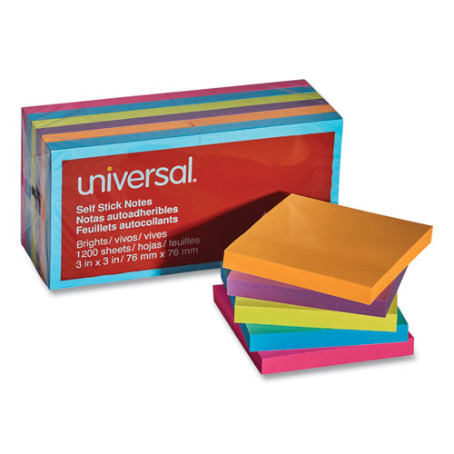 Universal® wholesale. UNIVERSAL® Self-stick Note Pads, 3 X 3, Assorted Bright Colors, 100-sheet, 12-pk. HSD Wholesale: Janitorial Supplies, Breakroom Supplies, Office Supplies.