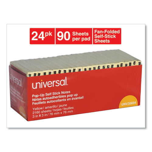 Universal® wholesale. UNIVERSAL® Fan-folded Self-stick Pop-up Note Pads, 3" X 3", Yellow, 90-sheet, 24-pack. HSD Wholesale: Janitorial Supplies, Breakroom Supplies, Office Supplies.