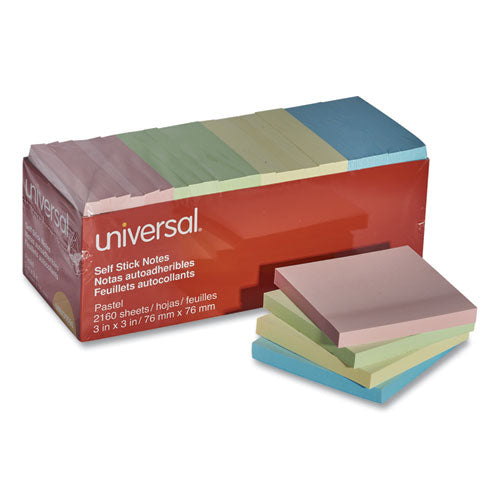 Universal® wholesale. UNIVERSAL® Self-stick Note Pads, 3" X 3", Pastel, 90-sheet, 24 Pads-pack. HSD Wholesale: Janitorial Supplies, Breakroom Supplies, Office Supplies.