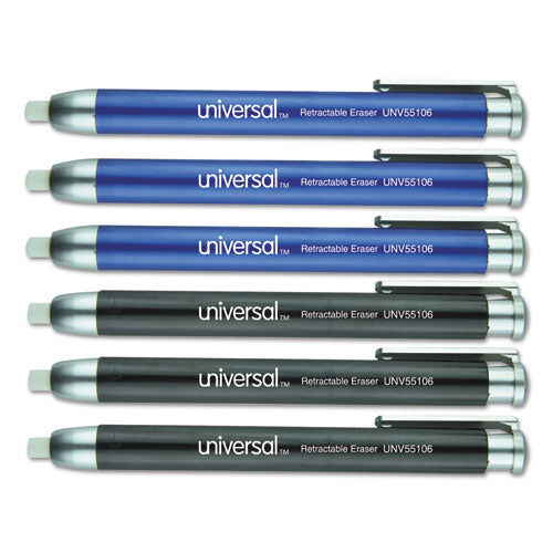 Universal® wholesale. UNIVERSAL® Pen-style Retractable Eraser, White Thermo-plastic Rubber Eraser, Assorted Barrel Colors, 6-pack. HSD Wholesale: Janitorial Supplies, Breakroom Supplies, Office Supplies.