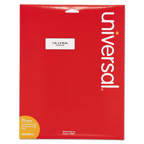 Universal® wholesale. UNIVERSAL® White Labels, Inkjet-laser Printers, 1 X 2.63, White, 30-sheet, 25 Sheets-pack. HSD Wholesale: Janitorial Supplies, Breakroom Supplies, Office Supplies.