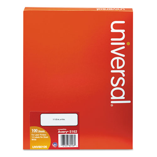 Universal® wholesale. UNIVERSAL® White Labels, Inkjet-laser Printers, 1.33 X 4, White, 14-sheet, 100 Sheets-box. HSD Wholesale: Janitorial Supplies, Breakroom Supplies, Office Supplies.