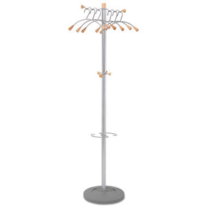 Alba™ wholesale. Wavy Coat Tree, Six Hangers-two Knobs-four Hooks, 18.88w X 14d X 68.5h, Silver Steel-wood. HSD Wholesale: Janitorial Supplies, Breakroom Supplies, Office Supplies.