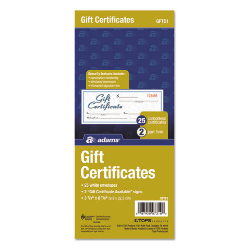 Adams® wholesale. Gift Certificates W-envelopes, 8 X 3 2-5, White-canary, 25-book. HSD Wholesale: Janitorial Supplies, Breakroom Supplies, Office Supplies.