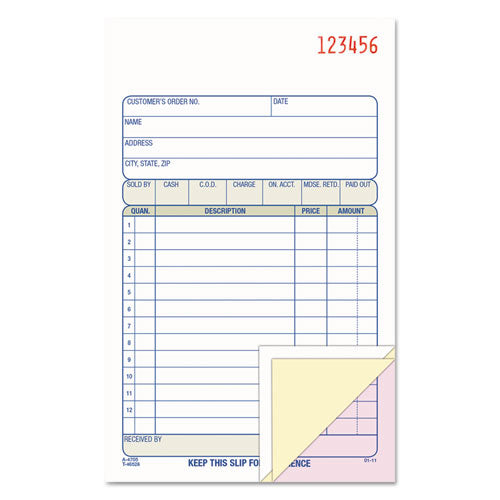 Adams® wholesale. Carbonless Sales Order Book, Three-part Carbonless, 4-3-16 X 7 3-16, 50 Sheets. HSD Wholesale: Janitorial Supplies, Breakroom Supplies, Office Supplies.