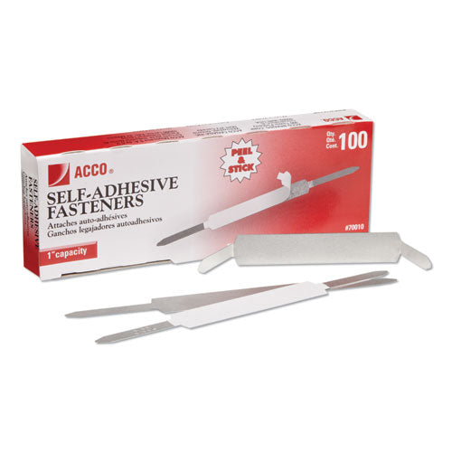ACCO wholesale. Self-adhesive Paper Fasteners, 1" Capacity, 2.75" Center To Center, Silver, 100-box. HSD Wholesale: Janitorial Supplies, Breakroom Supplies, Office Supplies.