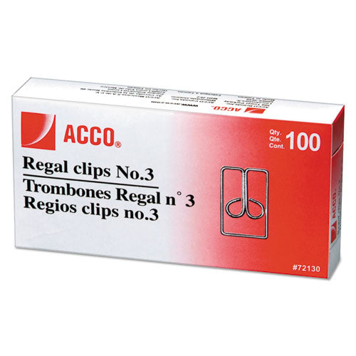 ACCO wholesale. Regal Clips, Medium (no. 3), Silver, 100-box. HSD Wholesale: Janitorial Supplies, Breakroom Supplies, Office Supplies.