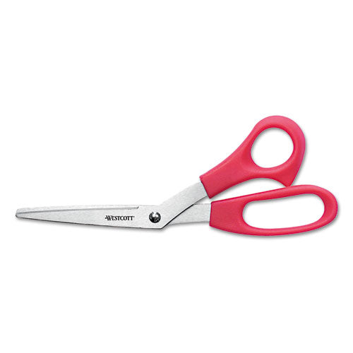 Westcott® wholesale. Value Line Stainless Steel Shears, 8" Long, 3.5" Cut Length, Red Offset Handle. HSD Wholesale: Janitorial Supplies, Breakroom Supplies, Office Supplies.