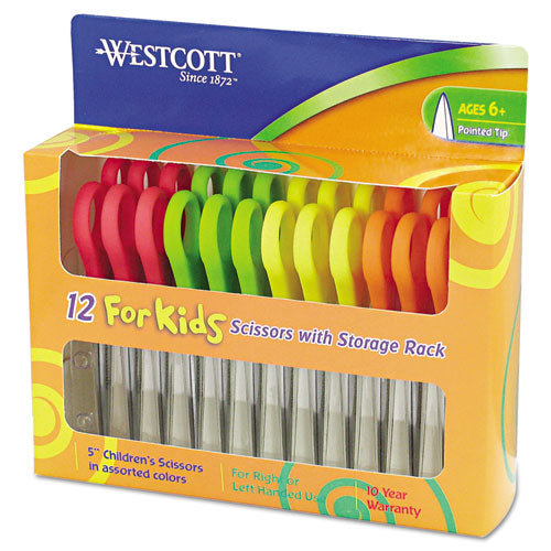 Westcott® wholesale. For Kids Scissors, Pointed Tip, 5" Long, 1.75" Cut Length, Assorted Straight Handles, 12-pack. HSD Wholesale: Janitorial Supplies, Breakroom Supplies, Office Supplies.