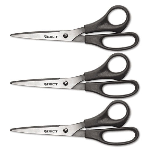 Westcott® wholesale. Value Line Stainless Steel Shears, 8" Long, 3.5" Cut Length, Black Offset Handles, 3-pack. HSD Wholesale: Janitorial Supplies, Breakroom Supplies, Office Supplies.