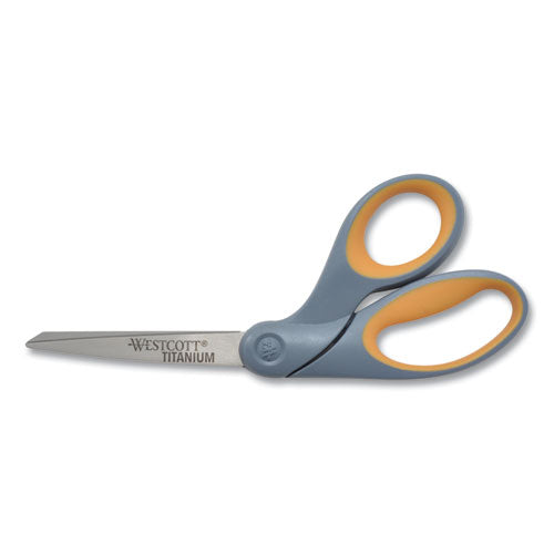 Westcott® wholesale. Titanium Bonded Scissors, 8" Long, 3.5" Cut Length, Gray-yellow Offset Handle. HSD Wholesale: Janitorial Supplies, Breakroom Supplies, Office Supplies.