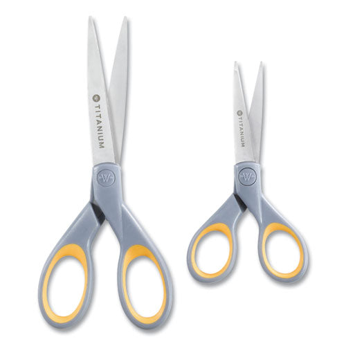 Westcott® wholesale. Titanium Bonded Scissors, 5" And 7" Long, 2.25" And 3.5" Cut Lengths, Gray-yellow Straight Handles, 2-pack. HSD Wholesale: Janitorial Supplies, Breakroom Supplies, Office Supplies.