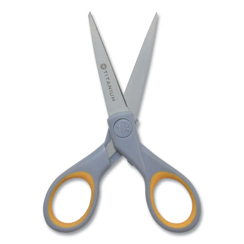 Westcott® wholesale. Titanium Bonded Scissors, 5" And 7" Long, 2.25" And 3.5" Cut Lengths, Gray-yellow Straight Handles, 2-pack. HSD Wholesale: Janitorial Supplies, Breakroom Supplies, Office Supplies.