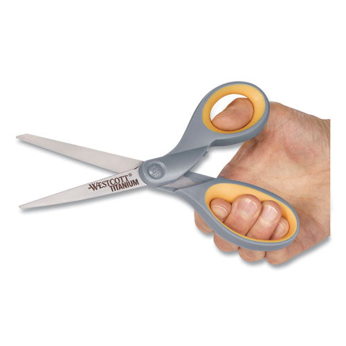Westcott® wholesale. Titanium Bonded Scissors, 8" Long, 3.5" Cut Length, Gray-yellow Straight Handles, 2-pack. HSD Wholesale: Janitorial Supplies, Breakroom Supplies, Office Supplies.