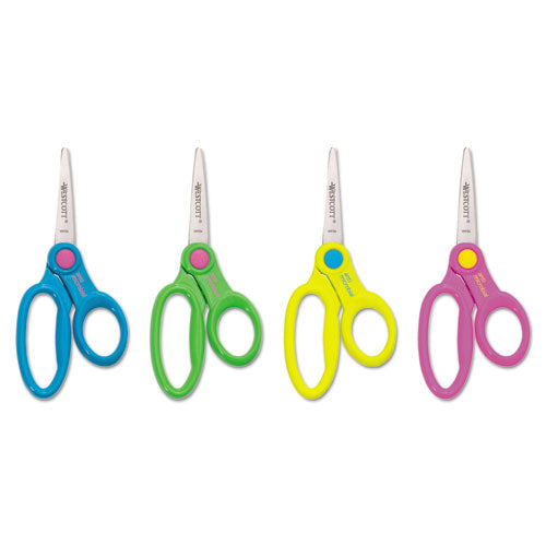 Westcott® wholesale. Kids' Scissors With Antimicrobial Protection, Pointed Tip, 5" Long, 2" Cut Length, Randomly Assorted Straight Handles. HSD Wholesale: Janitorial Supplies, Breakroom Supplies, Office Supplies.