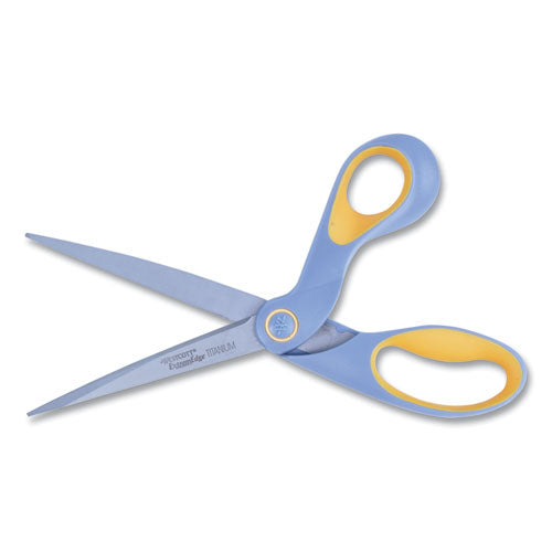 Westcott® wholesale. Extremedge Titanium Bent Scissors, 9" Long, 4.5" Cut Length, Gray-yellow Offset Handle. HSD Wholesale: Janitorial Supplies, Breakroom Supplies, Office Supplies.