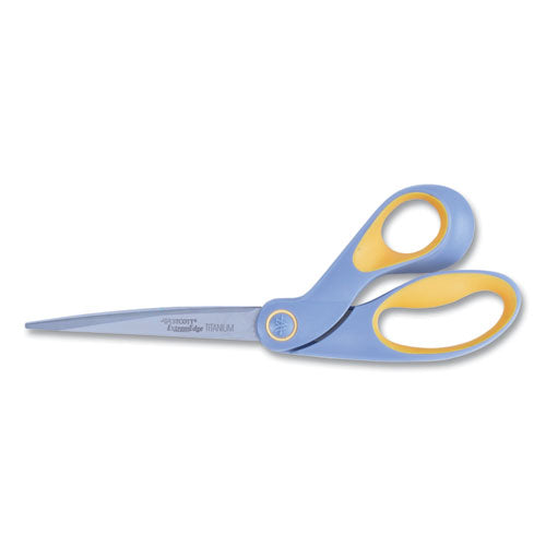 Westcott® wholesale. Extremedge Titanium Bent Scissors, 9" Long, 4.5" Cut Length, Gray-yellow Offset Handle. HSD Wholesale: Janitorial Supplies, Breakroom Supplies, Office Supplies.