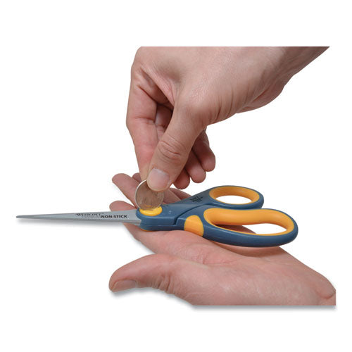 Westcott® wholesale. Non-stick Titanium Bonded Scissors, 8" Long, 3.25" Cut Length, Gray-yellow Straight Handle. HSD Wholesale: Janitorial Supplies, Breakroom Supplies, Office Supplies.