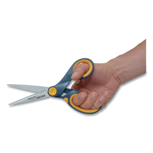 Westcott® wholesale. Non-stick Titanium Bonded Scissors, 8" Long, 3.25" Cut Length, Gray-yellow Straight Handle. HSD Wholesale: Janitorial Supplies, Breakroom Supplies, Office Supplies.