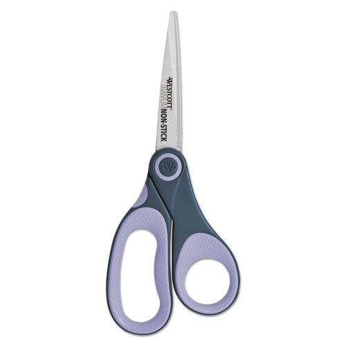 Westcott® wholesale. Non-stick Titanium Bonded Scissors, 8" Long, 3.25" Cut Length, Gray-purple Straight Handle. HSD Wholesale: Janitorial Supplies, Breakroom Supplies, Office Supplies.