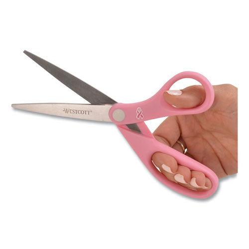 Westcott® wholesale. All Purpose Pink Ribbon Scissors, 8" Long, 3.5" Cut Length, Pink Straight Handle. HSD Wholesale: Janitorial Supplies, Breakroom Supplies, Office Supplies.