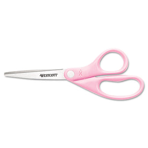 Westcott® wholesale. All Purpose Pink Ribbon Scissors, 8" Long, 3.5" Cut Length, Pink Straight Handle. HSD Wholesale: Janitorial Supplies, Breakroom Supplies, Office Supplies.