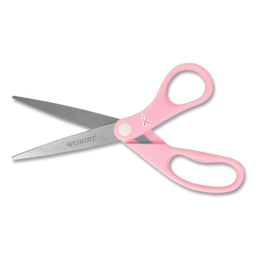 Westcott® wholesale. All Purpose Pink Ribbon Scissors, 8" Long, 3.5" Cut Length, Pink Straight Handle. HSD Wholesale: Janitorial Supplies, Breakroom Supplies, Office Supplies.