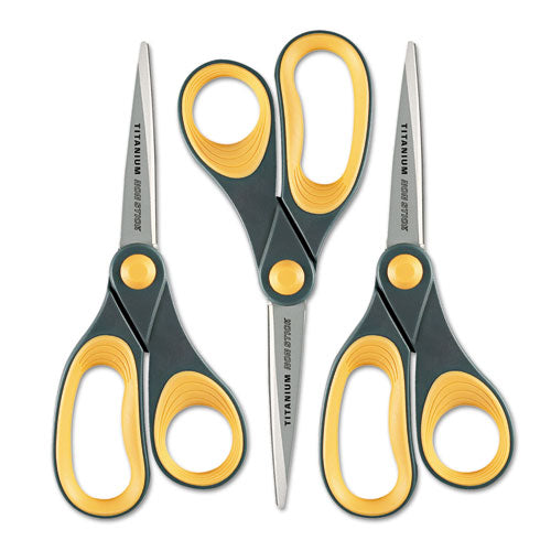 Westcott® wholesale. Non-stick Titanium Bonded Scissors, 8" Long, 3.25" Cut Length, Gray-yellow Straight Handles, 3-pack. HSD Wholesale: Janitorial Supplies, Breakroom Supplies, Office Supplies.