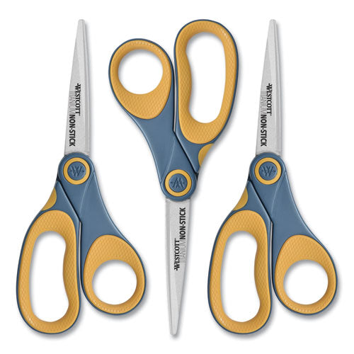 Westcott® wholesale. Non-stick Titanium Bonded Scissors, 8" Long, 3.25" Cut Length, Gray-yellow Straight Handles, 3-pack. HSD Wholesale: Janitorial Supplies, Breakroom Supplies, Office Supplies.