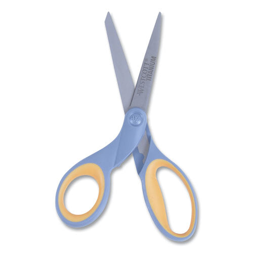 Westcott® wholesale. Titanium Bonded Scissors, 8" Long, 3.5" Cut Length, Gray-yellow Straight Handle. HSD Wholesale: Janitorial Supplies, Breakroom Supplies, Office Supplies.