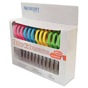 Westcott® wholesale. Soft Handle Kids Scissors, Pointed Tip, 5" Long, 1.75" Cut Length, Assorted Straight Handles, 12-pack. HSD Wholesale: Janitorial Supplies, Breakroom Supplies, Office Supplies.