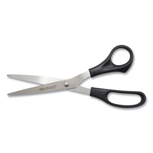 Westcott® wholesale. All Purpose Stainless Steel Scissors, 8" Long, 3.5" Cut Length, Black Straight Handle. HSD Wholesale: Janitorial Supplies, Breakroom Supplies, Office Supplies.
