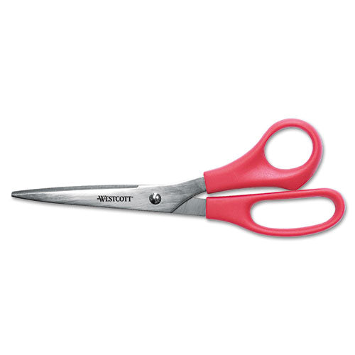 Westcott® wholesale. Value Line Stainless Steel Shears, 8" Long, 3.5" Cut Length, Red Straight Handle. HSD Wholesale: Janitorial Supplies, Breakroom Supplies, Office Supplies.