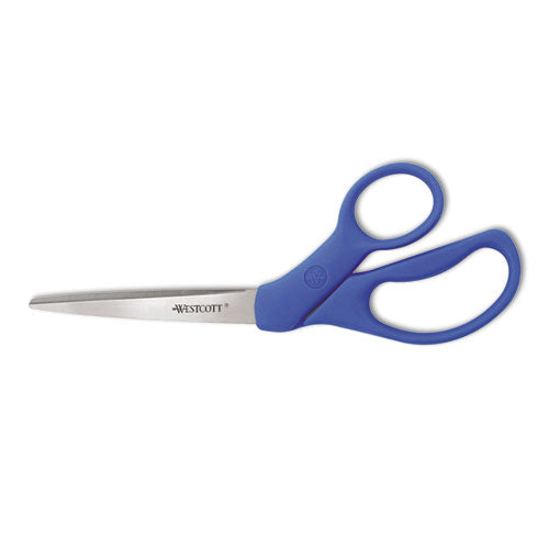 Westcott® wholesale. Preferred Line Stainless Steel Scissors, 8" Long, 3.5" Cut Length, Blue Offset Handle. HSD Wholesale: Janitorial Supplies, Breakroom Supplies, Office Supplies.