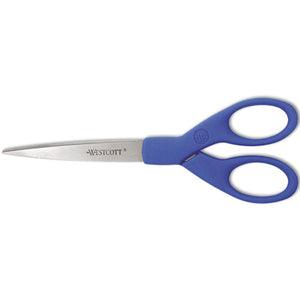 Westcott® wholesale. Preferred Line Stainless Steel Scissors, 7" Long, 2.5" Cut Length, Blue Straight Handle. HSD Wholesale: Janitorial Supplies, Breakroom Supplies, Office Supplies.