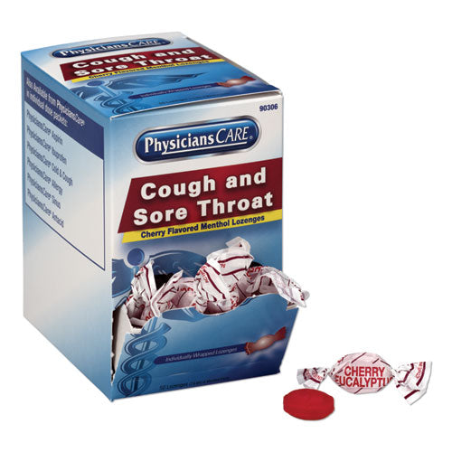PhysiciansCare® wholesale. Cough And Sore Throat, Cherry Menthol Lozenges, 50 Individually Wrapped Per Box. HSD Wholesale: Janitorial Supplies, Breakroom Supplies, Office Supplies.