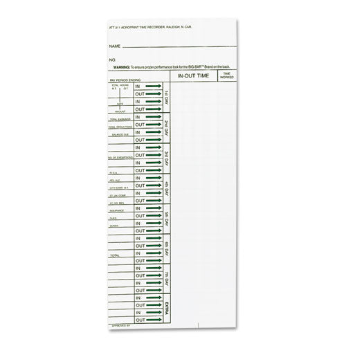 Acroprint® wholesale. Time Card For Model Att310 Electronic Totalizing Time Recorder, Weekly, 200-pack. HSD Wholesale: Janitorial Supplies, Breakroom Supplies, Office Supplies.