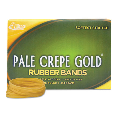 Alliance® wholesale. Pale Crepe Gold Rubber Bands, Size 32, 0.04" Gauge, Crepe, 1 Lb Box, 1,100-box. HSD Wholesale: Janitorial Supplies, Breakroom Supplies, Office Supplies.