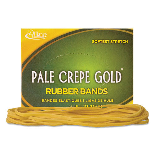 Alliance® wholesale. Pale Crepe Gold Rubber Bands, Size 117b, 0.06" Gauge, Crepe, 1 Lb Box, 300-box. HSD Wholesale: Janitorial Supplies, Breakroom Supplies, Office Supplies.