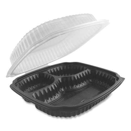 Culinary Lites Microwavable 3-compartment Container, 20 Oz-5 Oz- 5 Oz, 9 X 9 X 3.13, Clear-black, 100-carton